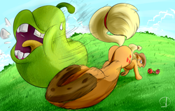 Size: 1700x1080 | Tagged: safe, artist:phuocthiencreation, character:applejack, species:earth pony, species:pony, action pose, angry, apple, applebucking, applebutt, biting pear of salamanca, clothing, cowboy hat, cross-popping veins, female, food, frog (hoof), grass field, hat, horseshoes, kick, living object, lolwut, mare, open mouth, pear, perspective, plot, protecting, scenery, stetson, teeth, that pony sure does hate pears, tongue out, underhoof