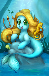 Size: 800x1235 | Tagged: safe, artist:pingwinowa, oc, oc only, oc:bubble, hoof hold, looking at you, merpony, open mouth, rock, seahorse, trident, underwater