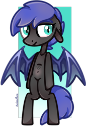 Size: 780x1130 | Tagged: safe, artist:amberpone, oc, oc only, oc:nebula wings, species:bat pony, species:pony, bat wings, belly button, bipedal, blue eyes, blue mane, commission, digital art, eyebrows, female, grey fur, mare, original art, original style, paint tool sai, semi-anthro, simple background, solo, standing, transparent background