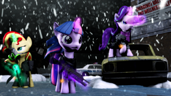 Size: 1920x1080 | Tagged: safe, artist:fd-daylight, character:starlight glimmer, character:sunset shimmer, character:twilight sparkle, 3d, blizzard, clothing, levitation, magic, police car, scenery, snow, snowfall, source filmmaker, telekinesis