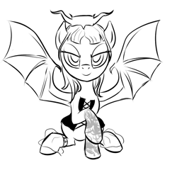 Size: 706x678 | Tagged: safe, artist:rubrony, bat wings, castlevania, clothing, corset, looking at you, monochrome, ponified, raised hoof, solo, succubus