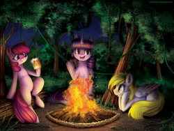 Size: 1300x975 | Tagged: safe, artist:aschenstern, character:berry punch, character:berryshine, character:derpy hooves, character:twilight sparkle, character:twilight sparkle (alicorn), species:alicorn, species:pony, apple cider (drink), bonfire, camping, fire, forest, mug, night, open mouth, scenery, tree