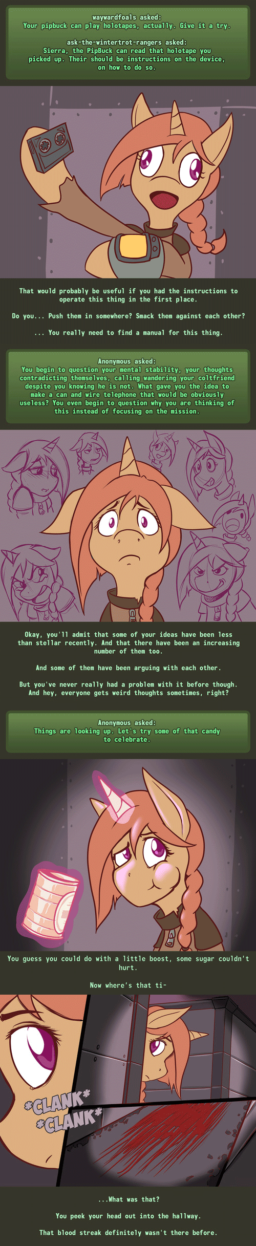 Size: 500x2434 | Tagged: safe, artist:romanrazor, oc, oc only, oc:sierra scorch, species:pony, species:unicorn, fallout equestria, animated, blood, clothing, cyoa, eating, fallout, female, gif, long ears, magic, pipbuck, stablequest, text