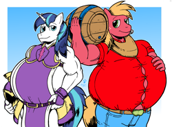 Size: 2049x1516 | Tagged: safe, artist:duragan, character:big mcintosh, character:shining armor, species:anthro, armor, barrel, bbbff, belly, bhm, big belly, bigger macintosh, bipedal, cider, fat, male, moobs, musclegut, muscles, plump, shining blubber, tight clothing, weight gain