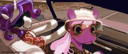 Size: 1014x432 | Tagged: safe, artist:hinoraito, character:cheerilee, character:rarity, species:earth pony, species:pony, species:unicorn, car, crossover, driving, duo, duo female, fear and loathing in las vegas, female, mare, sunglasses