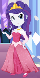 Size: 800x1557 | Tagged: safe, artist:unicornsmile, character:rarity, my little pony:equestria girls, clothing, crossover, crown, disney, dress, female, jewelry, looking at you, princess aurora, red dress, regalia, sleeping beauty, smiling, solo