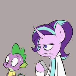 Size: 1500x1500 | Tagged: safe, artist:pandramodo, character:spike, character:starlight glimmer, species:dragon, species:pony, species:unicorn, alcohol, clothing, coat, confused, cosplay, costume, crossover, drunk, drunklight glimmer, duo, female, flask, frown, gray background, lab coat, lidded eyes, liquor, male, mare, morty smith, rick and morty, rick sanchez, salivating, simple background, starlight is not amused, sweat, sweatdrop, unamused, worried, yellow shirt