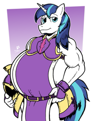 Size: 1067x1406 | Tagged: safe, artist:duragan, character:shining armor, species:anthro, species:pony, species:unicorn, armor, belly, belt, bhm, bipedal, captain, fat, handsome, male, musclegut, royal guard, shining blubber, smug, solo, tight clothing, weight gain