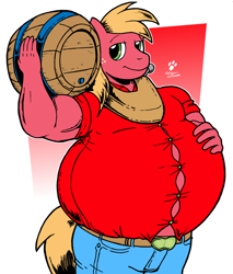 Size: 1288x1515 | Tagged: safe, artist:duragan, character:big mcintosh, species:anthro, barrel, belly, bhm, big belly, bigger macintosh, bipedal, cider, fat, handsome, male, moobs, musclegut, tight clothing, weight gain