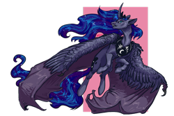 Size: 1280x853 | Tagged: safe, artist:gonedreamer, character:princess luna, species:alicorn, species:bat pony, species:pony, bat pony alicorn, bat wings, big wings, curved horn, fangs, female, flying, hybrid wings, looking at you, lunabat, open mouth, pink background, race swap, simple background, solo, talons, transparent background, wing claws, wings
