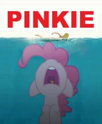 Size: 540x653 | Tagged: safe, artist:ponylover88, character:pinkie pie, species:earth pony, species:human, species:pony, 1000 years in photoshop, jaws, movie poster, parody, pinkie shark, swimming