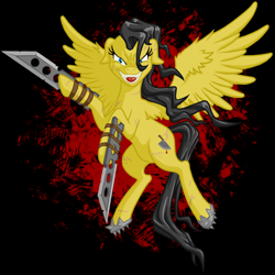 Size: 848x849 | Tagged: safe, artist:kalemon, oc, oc only, species:pegasus, species:pony, fallout equestria, blades, female, looking at you, mare, raider, solo, spikes, tongue out, weapon