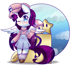 Size: 1024x916 | Tagged: safe, artist:twily-star, oc, oc only, oc:twily star, species:alicorn, species:pony, 1-up mushroom, bipedal, clothing, cosplay, costume, female, mare, mario, one eye closed, solo, stars, super mario bros., watermark, wink
