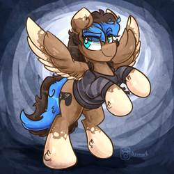 Size: 700x700 | Tagged: safe, artist:azimooth, oc, oc only, oc:playthrough, clothing, commission, controller, cutie mark, hoodie, hooves up, looking away, raised eyebrow, rearing, simple background, smiling, spread wings, wings