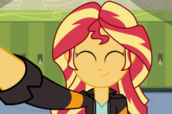 Size: 1800x1200 | Tagged: safe, artist:knightwolf09, artist:spottedlions, character:sunset shimmer, my little pony:equestria girls, ^^, canterlot high, clothing, cute, eyes closed, female, happy, jacket, leather jacket, lockers, selfie, shimmerbetes, smiling, solo