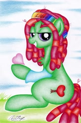 Size: 1024x1558 | Tagged: safe, artist:thechrispony, character:tree hugger, species:earth pony, species:pony, chest fluff, eyelashes, female, green fur, heart, hippie, leg warmers, looking at you, purple eyes, sitting, smiling, solo, teeth, traditional art