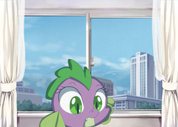 Size: 6202x4430 | Tagged: safe, artist:chiptunebrony, character:barb, character:spike, species:dragon, absurd resolution, anime, city, curtains, fake screencap, looking down, room, rule 63, scenery, skyscraper