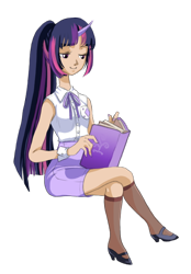 Size: 518x743 | Tagged: safe, artist:zoe-productions, character:twilight sparkle, book, clothing, high heels, horned humanization, humanized, reading, stockings