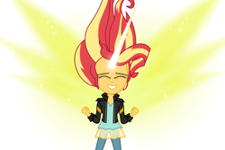 Size: 6000x4000 | Tagged: safe, artist:spottedlions, character:sunset shimmer, my little pony:equestria girls, absurd resolution, artificial wings, augmented, clothing, cute, excited, eyes closed, female, glowing horn, grin, happy, jacket, leather jacket, magic, magic wings, pants, smiling, solo, super saiyan, wings