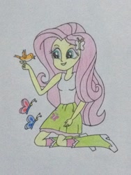 Size: 1024x1365 | Tagged: safe, artist:don2602, character:fluttershy, species:bird, species:human, my little pony:equestria girls, animal, boots, butterfly, clothing, cute, female, high heel boots, skirt, socks, solo, tank top, traditional art