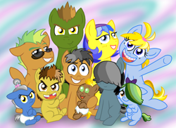 Size: 3300x2401 | Tagged: safe, artist:crazynutbob, character:quibble pants, oc, oc:barkin orders, oc:crash course, oc:drumbeat, oc:midnight howl, oc:ringaling, oc:rounda applause, oc:standin soapbox, oc:victory screech, oc:weeping willow, species:pony, baby, big family, braces, colt, diaper, family photo, female, filly, foal, hair over eyes, hair over one eye, head tilt, hidden eyes, male, missing teeth, multicolored hair, sunglasses, younger