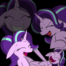 Size: 1698x1699 | Tagged: safe, artist:pandramodo, edit, character:starlight glimmer, species:pony, species:unicorn, black background, cropped, eyes closed, female, floppy ears, kek, laughing, laughing tom cruise, lmao, lol, mare, open mouth, simple background, solo