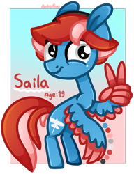 Size: 500x650 | Tagged: safe, artist:amberpone, oc, oc only, species:pegasus, species:pony, big ears, blue, clothing, cutie mark, eyebrows, female, fish, freckles, gray eyes, hat, lesbian, mane, mare, original character do not steal, original style, paint tool sai, painttoolsai, peace sign, pegasister, pink, red, simple background, smiling, standing, tail, transparent background, wing hands, wings