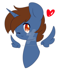Size: 1024x1218 | Tagged: safe, artist:twily-star, oc, oc only, oc:headlong flight, species:alicorn, species:pony, bust, floating wings, heart, male, one eye closed, portrait, simple background, solo, stallion, transparent background, watermark, wink