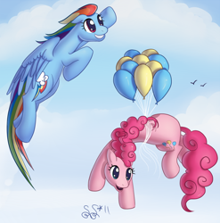 Size: 854x863 | Tagged: safe, artist:alipes, character:pinkie pie, character:rainbow dash, species:earth pony, species:pegasus, species:pony, g4, balloon, female, flying, mare, then watch her balloons lift her up to the sky