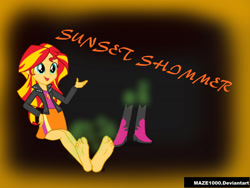 Size: 2000x1500 | Tagged: safe, artist:maze1000, character:sunset shimmer, my little pony:equestria girls, boots, clothing, feet, female, high heel boots, jacket, leather jacket, skirt, smelly, solo, stinky feet, visible stench