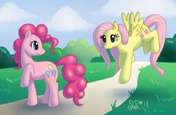 Size: 1362x893 | Tagged: safe, artist:alipes, character:fluttershy, character:pinkie pie, species:earth pony, species:pegasus, species:pony, ship:flutterpie, g4, female, lesbian, mare, photoshop, raised hoof, road, shipping