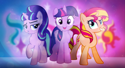 Size: 1980x1080 | Tagged: safe, artist:bubbly-storm, artist:cezaryy, artist:couldysky, artist:strawberry-pannycake, character:starlight glimmer, character:sunset shimmer, character:twilight sparkle, character:twilight sparkle (alicorn), species:alicorn, species:pony, counterparts, cutie mark, excited, looking at you, raised hoof, remake, twilight's counterparts, vector, wallpaper
