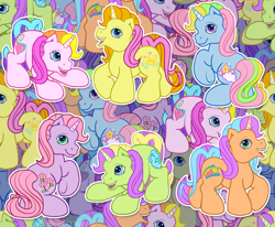 Size: 2147x1767 | Tagged: safe, artist:anscathmarcach, character:brights brightly, character:cheerilee (g3), character:rarity (g3), character:whistle wishes, species:pony, g3, background pony, g3betes, runaway rainbow, tile, tiled background, unnamed pony
