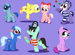 Size: 3004x2192 | Tagged: safe, artist:pupster0071, species:pony, amputee, bucktooth, bunny slippers, clothing, cuddles (happy tree friends), flower, flower in hair, giggles (happy tree friends), glasses, happy tree friends, hook hand, mime, peg leg, petunia (happy tree friends), ponified, prosthetic leg, prosthetic limb, prosthetics, purple background, russell (happy tree friends), simple background, slippers, sniffles (happy tree friends), toothy