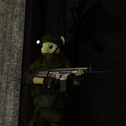 Size: 2040x2040 | Tagged: safe, artist:jawolfadultishart, oc, oc only, species:anthro, species:earth pony, species:pony, 3d, alien, alien (franchise), assault rifle, castle, clothing, daz studio, gun, helmet, horror, impending disaster, impending doom, impending mutilation, it's behind you, male, nightmare fuel, not sfm, rifle, scar-l, soldier, solo, this already ended in death, this will end in death, weapon, when you see it, xenomorph