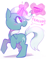Size: 808x1032 | Tagged: safe, artist:sharmie, character:trixie, species:pony, species:unicorn, episode:all bottled up, g4, my little pony: friendship is magic, cup, cute, female, glowing horn, magic, mare, simple background, smiling, solo, teacup, that pony sure does love teacups, white background