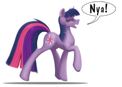 Size: 3035x2160 | Tagged: safe, artist:bcrich40, character:twilight sparkle, character:twilight sparkle (unicorn), species:pony, species:unicorn, behaving like a cat, eyes closed, female, high res, nya, simple background, solo, teeth, transparent background, trotting, twilight cat