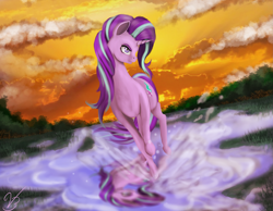 Size: 2727x2118 | Tagged: safe, artist:vinicius040598, character:starlight glimmer, species:pony, species:unicorn, detailed background, digital art, female, running, signature, solo, splashing, water