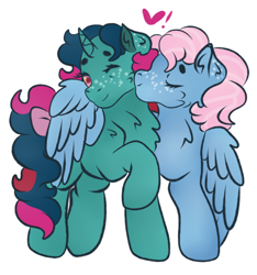Size: 1024x1093 | Tagged: safe, artist:bewarethemusicman, character:fizzy, character:wind whistler, ship:whistlepop, g1, female, freckles, heart, hug, kiss on the cheek, kissing, lesbian, shipping, winghug