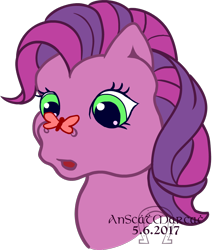 Size: 860x1015 | Tagged: safe, artist:anscathmarcach, character:sky wishes, species:pony, g3, butterfly, female, g3betes, insect on nose, simple background, solo, transparent background