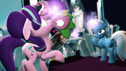 Size: 1920x1080 | Tagged: safe, artist:powdan, character:spike, character:starlight glimmer, character:trixie, species:dragon, species:pony, species:unicorn, ship:sparlight, episode:all bottled up, g4, my little pony: friendship is magic, 3d, alternate ending, blushing, commission, epic, female, gmod, heart, kissing, looking at each other, male, mare, shipper on deck, shipping, smiling, straight, surprise kiss, surprised, teleportation, the amazing trio of friendship, the great and powerful shipper, trio, twilight's castle