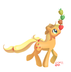 Size: 823x841 | Tagged: safe, artist:alipes, character:applejack, species:earth pony, species:pony, g4, apple, balancing, female, mare, ponies balancing stuff on their nose, simple background, solo, transparent background