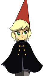 Size: 578x1020 | Tagged: safe, artist:rosemile mulberry, character:applejack, species:pony, cloak, clothing, crossover, female, freckles, green eyes, happy, hat, over the garden wall, simple background, smiling, solo, transparent background, wirt