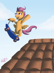 Size: 574x774 | Tagged: safe, artist:alipes, character:scootaloo, species:pegasus, species:pony, g4, female, filly, roof, scooter, solo