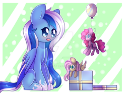 Size: 1024x768 | Tagged: safe, artist:twily-star, character:fluttershy, character:pinkie pie, oc, oc:elina frozen, species:pegasus, species:pony, balloon, colored wings, female, floating, mare, multicolored wings, plushie, present, sitting, solo, then watch her balloons lift her up to the sky, watermark