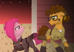 Size: 1750x1225 | Tagged: safe, artist:crazynutbob, character:cheese sandwich, character:pinkamena diane pie, character:pinkie pie, species:pony, ship:cheesepie, alternate timeline, apinkalypse pie, clothing, crystal war timeline, female, glasses, goodbye, jumpsuit, longing, male, parting, red sky, shipping, stain, stars, straight, underhoof