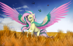 Size: 3682x2300 | Tagged: safe, artist:vinicius040598, character:fluttershy, species:pony, butterfly, female, food, high res, rainbow power, solo, spread wings, wheat, wings
