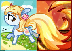 Size: 1709x1201 | Tagged: safe, artist:amberpone, oc, oc only, oc:crystal summer, species:pegasus, species:pony, species:unicorn, blue, blue eyes, commission, cute, cutie mark, digital art, eyebrows, fanart, female, filly, fire, flower, food, grass, horn, long tail, magic, mane, mare, orange, original character do not steal, paint tool sai, painttoolsai, pink, red, running, smiling, spell, tail, white, yellow
