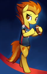 Size: 698x1100 | Tagged: safe, artist:negativefox, character:spitfire, species:pony, american football, bipedal, clothing, denver broncos, female, hoof hold, jersey, nfl, solo