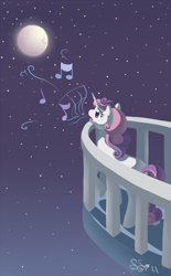 Size: 707x1141 | Tagged: safe, artist:alipes, character:sweetie belle, species:pony, species:unicorn, g4, balcony, female, filly, moon, music, night, sad, singing, solo